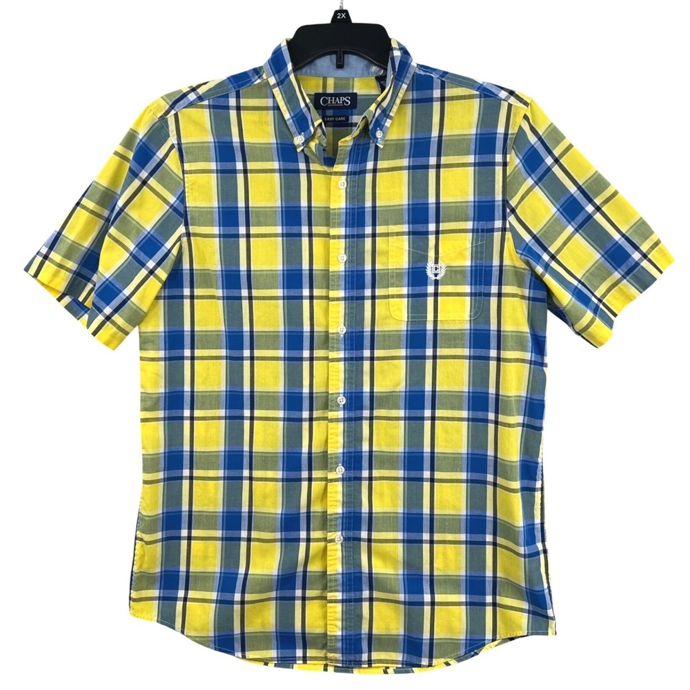 Chaps Easy Care Button Down Shirt Size M Yellow Blue Plaid Preppy Short Sleeve